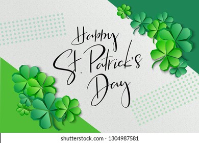 Vector illustration of saint patricks day greetings banner template with hand lettering label - happy st. patrick's day- with paper origami clover leaves.