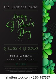 Vector illustration of saint patricks day invitation party poster template with hand lettering label - happy st. patrick's day- with paper origami clover leaves.