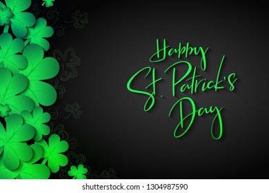 Vector illustration of saint patricks day greetings banner template with hand lettering label - happy st. patrick's day- with realistic clover leaves.