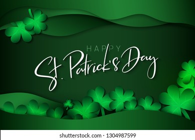 Vector illustration of saint patricks day greetings banner template with hand lettering label - happy st. patrick's day- with realistic clover leaves and paper waves.