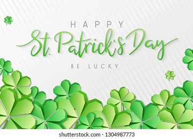 Vector illustration of saint patricks day greetings banner template with hand lettering label - happy st. patrick's day- with paper origami clover leaves