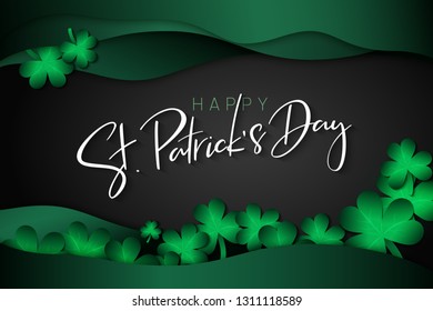 Vector illustration of saint patricks day greetings banner template with hand lettering label - happy st. patrick's day- with realistic clover leaves and paper waves.