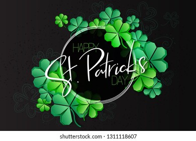 Vector illustration of saint patricks day greetings banner template with hand lettering label - happy st. patrick's day- with paper origami clover leaves.