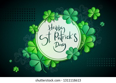 Vector illustration of saint patricks day greetings banner template with hand lettering label - happy st. patrick's day- with paper origami clover leaves.