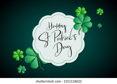 Vector illustration of saint patricks day greetings banner template with hand lettering label - happy st. patrick's day- with paper origami clover leaves.