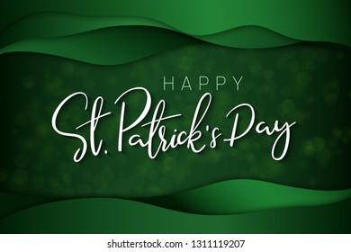 Vector illustration of saint patricks day greetings banner template with hand lettering label - happy st. patrick's day- with realistic clover leaves and paper waves