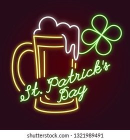 vector illustration of saint patrick's day. Mug of beer and clover leaf. Neon icon. handwritten inscription.