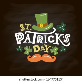 Vector illustration of Saint Patrick's Day logotype. St.Patricks Day celebration design on textured background. Lettering typography. Hand sketched St.Patricks Day icon. Beer festival decoration badge