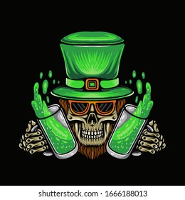 Vector Illustration Of Saint Patrick's Day Skull Bring Beer