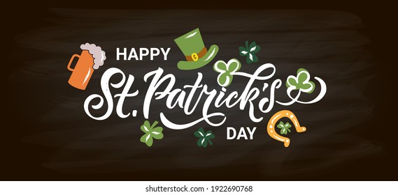 Vector illustration of Saint Patrick's Day logotype. St.Patricks Day celebration design on textured background. Lettering typography. Hand sketched St Patricks Day icon. Beer festival decoration badge