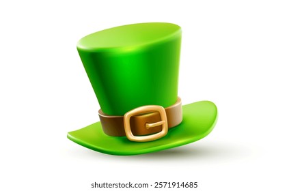 Vector illustration of saint patricks day realistic leprechaun green top hat with buckle isolated on white background. 3d style design of irish leprechaun hat for st patrick day celebration banner