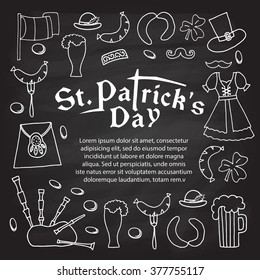 Vector illustration of Saint Patrick's Day elements set. Celebration design on textured background. Hand sketched icons. Drawn beer festival decoration badges.