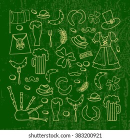 Vector illustration of Saint Patricks Day elements set.  badge, tag and icon on textured background. Drawn Irish objects for postcard, card, banner template. Design with clover.
