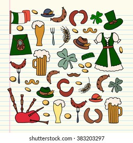 Vector illustration of Saint Patrick's Day elements set. Irish celebration design on textured background. Hand sketched patricks icons.Drawn beer festival decoration badges on copybook background