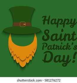 Vector illustration for Saint Patrick's Day. Dark green hat with ginger beard  on green background. Illustration in paper cut style can be used for cards, invitations and etc.