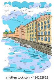 vector illustration Saint Petersburg, Griboyedov channel. drawing on wright paper beautiful background, view of the city with high and river Neva.