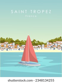 Ilustración vectorial. Saint Tropez, Francia. Diseño para afiches de viaje, banner, postal de viaje.