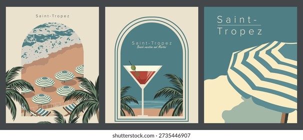 Vector illustration. Saint Tropez set of tourist postcards, covers, posters, and banners. Retro style. Collection. Tourism.