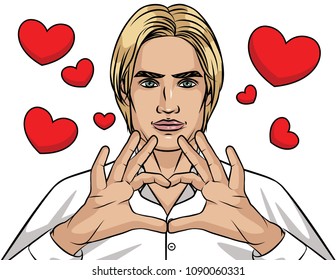 Vector illustration for Saint Valentines Day. Handsome guy holding his hands in heart shape. Love sign cartoon illustration isolated from white background