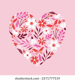 Vector illustration to Saint Valentine's Day with floral ornament in heart shape. Cute pink banner with flowers, plants, botanical elements, berries, butterfly. Flat trendy design. Romantic.