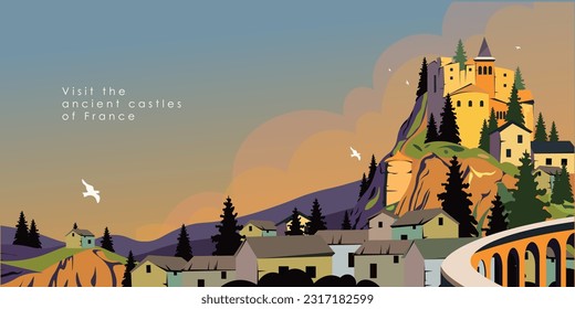 Vector illustration Saint-Etienne, France. Design for web site, wallpaper, postcard, poster, background. Medieval castle, fairy tale atmosphere.