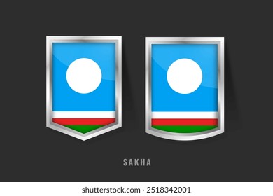 Ilustração vetorial do logotipo de etiqueta SAKHA.Sinal de emblema SAKHA com bandeira, modelo de banners de etiqueta de produto Shakha.