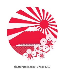 Vector illustration of sakura blossom with red sun, fuji mountain and train.