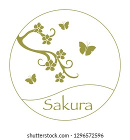 Vector illustration with sakura branch and butterflies. Japan traditional design elements. Branch of cherry blossoms. Travel and leisure.