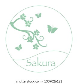 Vector illustration with sakura branch and butterflies. Japan traditional design elements. Branch of cherry blossoms. Travel and leisure.