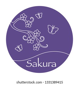 Vector illustration with sakura branch and butterflies. Japan traditional design elements. Branch of cherry blossoms. Travel and leisure.