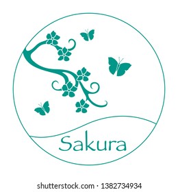 Vector illustration with sakura branch and butterflies. Japan traditional design elements. Branch of cherry blossoms. Travel and leisure.