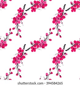 Vector illustration with sakura branch isolated on white background. Spring background. Japanese cherry blossom. Blooming apple flowers. Wedding card. Beautiful seamless pattern