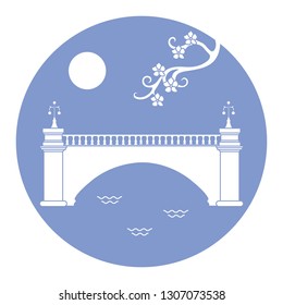 Vector illustration with sakura branch and old bridge. Japan traditional design elements. Branches of cherry blossoms. Travel and leisure.