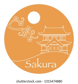 Vector illustration with sakura branch and old japanese castle. Japan traditional design elements. Branches of cherry blossoms. Travel and leisure.