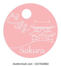 Vector illustration with sakura branch and old japanese castle. Japan traditional design elements. Branches of cherry blossoms. Travel and leisure.