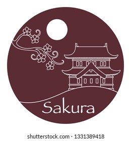 Vector illustration with sakura branch and old japanese castle. Japan traditional design elements. Branches of cherry blossoms. Travel and leisure.