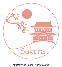 Vector illustration with sakura branch and old japanese castle. Japan traditional design elements. Branches of cherry blossoms. Travel and leisure.
