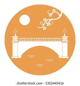 Vector illustration with sakura branch and old bridge. Japan traditional design elements. Branches of cherry blossoms. Travel and leisure.
