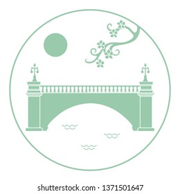 Vector illustration with sakura branch and old bridge. Japan traditional design elements. Branches of cherry blossoms. Travel and leisure.
