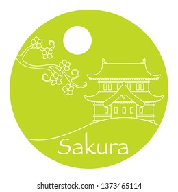 Vector illustration with sakura branch and old japanese castle. Japan traditional design elements. Branches of cherry blossoms. Travel and leisure.