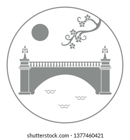 Vector illustration with sakura branch and old bridge. Japan traditional design elements. Branches of cherry blossoms. Travel and leisure.