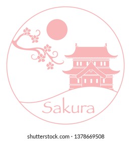 Vector illustration with sakura branch and old japanese castle. Japan traditional design elements. Branches of cherry blossoms. Travel and leisure.