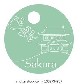 Vector illustration with sakura branch and old japanese castle. Japan traditional design elements. Branches of cherry blossoms. Travel and leisure.