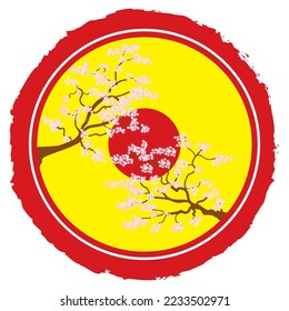 Ilustración vectorial de ramas sakura sobre un fondo de cielo amarillo y sol rojo al estilo japonés