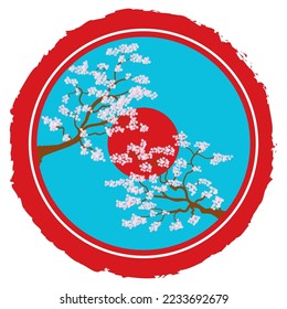 Vector illustration of sakura branches on a background of blue sky and red sun in Japanese style