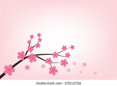 Vector illustration sakura cherry, branch with blooming flowers, Japan flowers on pink background.