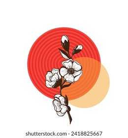 Vector illustration of Sakura flower against red circle and geometric forms. Trendy minimalist poster design. 