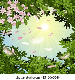 Vector illustration of Sakura petals falling from a tree, Apple leaves pink flowers on a tree