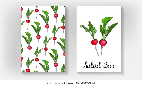 Vector Illustration of Salad Bar Template with Radish Sketch Style