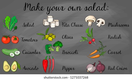 Vector Illustration of Salad Menu Template Chalkboard Style: Salad, Carrot, Radish, Broccoli, Tomatoes, Cucumber, Pepper, Onion, Mushrooms, Feta Cheese, Olives, Avocado